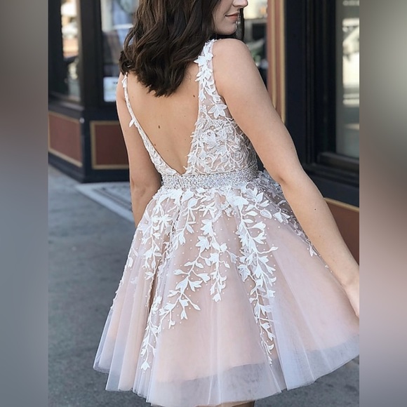 A Line V Neck Short Champagne Lace Formal Prom/Wedding Dress - Picture 2 of 6